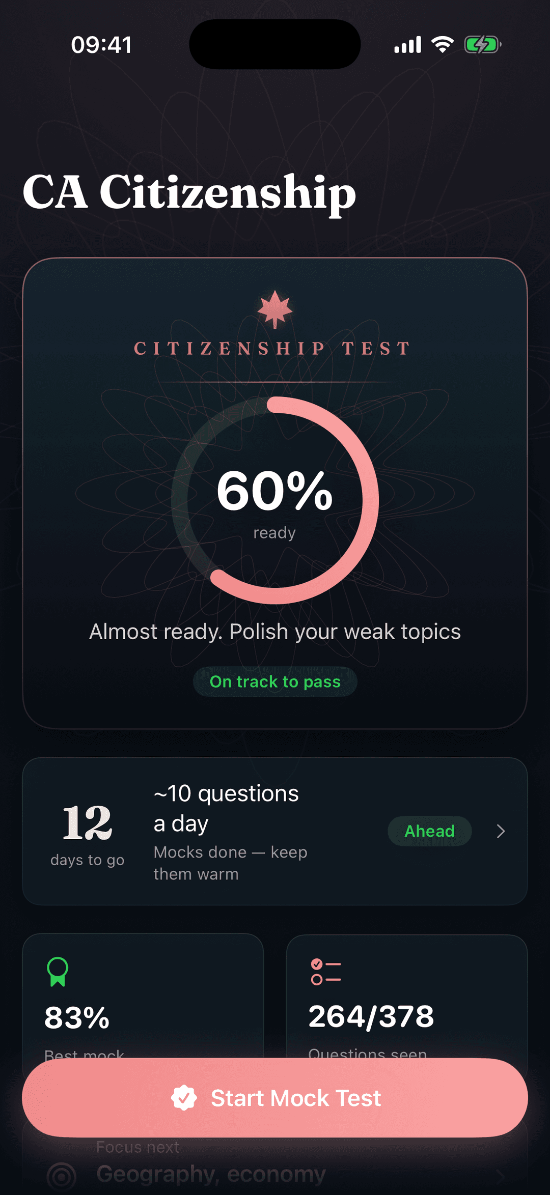 Canadian Citizenship Test 2026 home screen